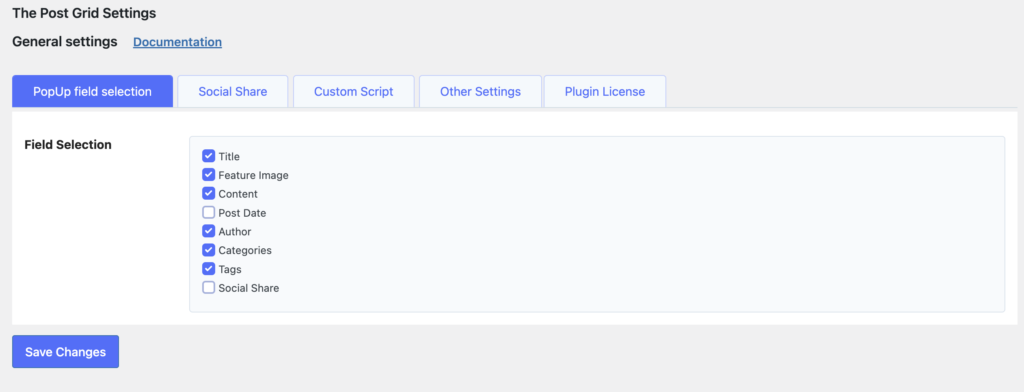 screen capture of the PopUp field selection tab in the Settings of The Post Grid WordPress plugin